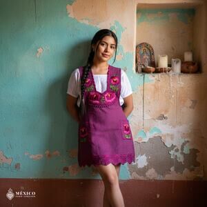 Fucsia Mexican Embroidered Apron – Standard Kitchen Apron Floral Embroidery